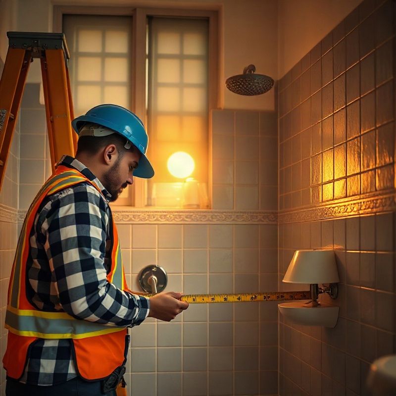 Řemeslníci Planrekonstrukce proměřují koupelnu v ranním světle